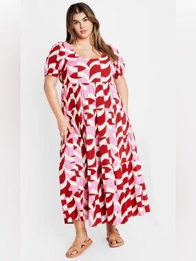 City Chic Pink & Red Geometric Tiered Maxi Dress NEW WITH TAGS XL/22W💖